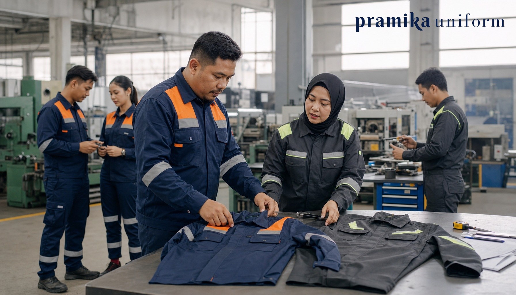Tim pekerja industri Indonesia membandingkan wearpack two-piece dan coverall one-piece di workshop produksi