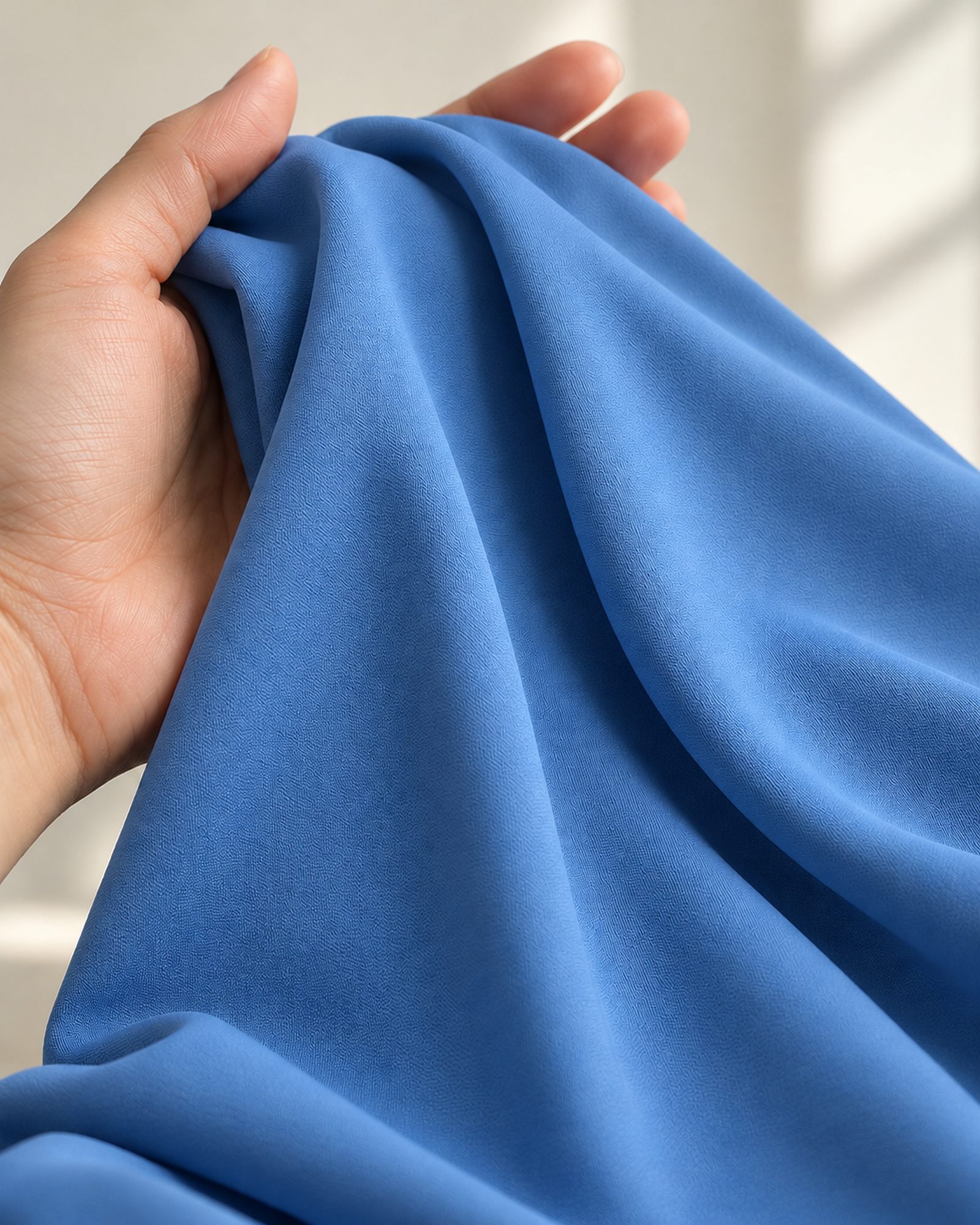 Kain polo ice silk warna azure tersampir lembut di telapak tangan