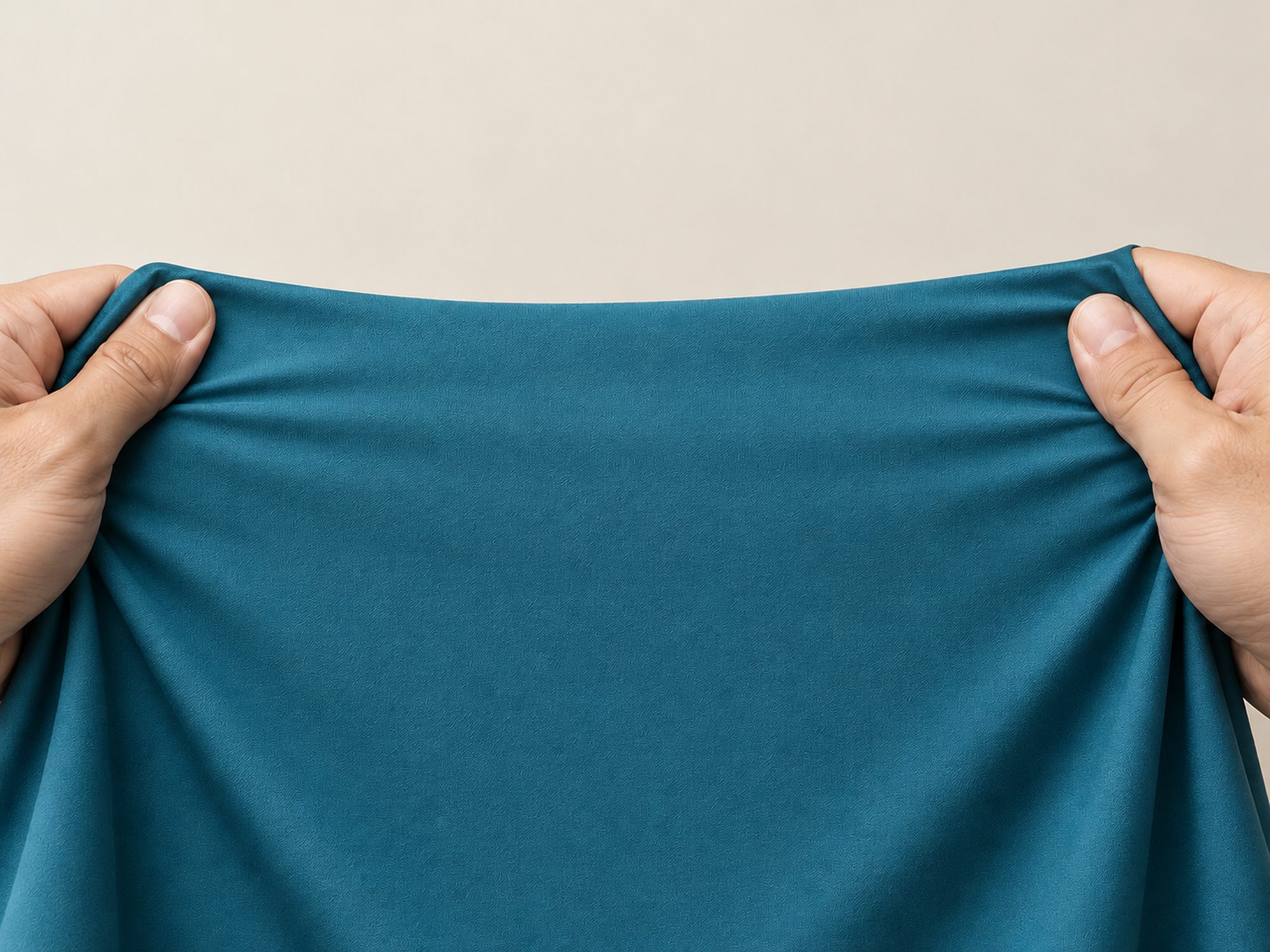 Kain polo ice silk warna teal ditarik untuk memperlihatkan stretch