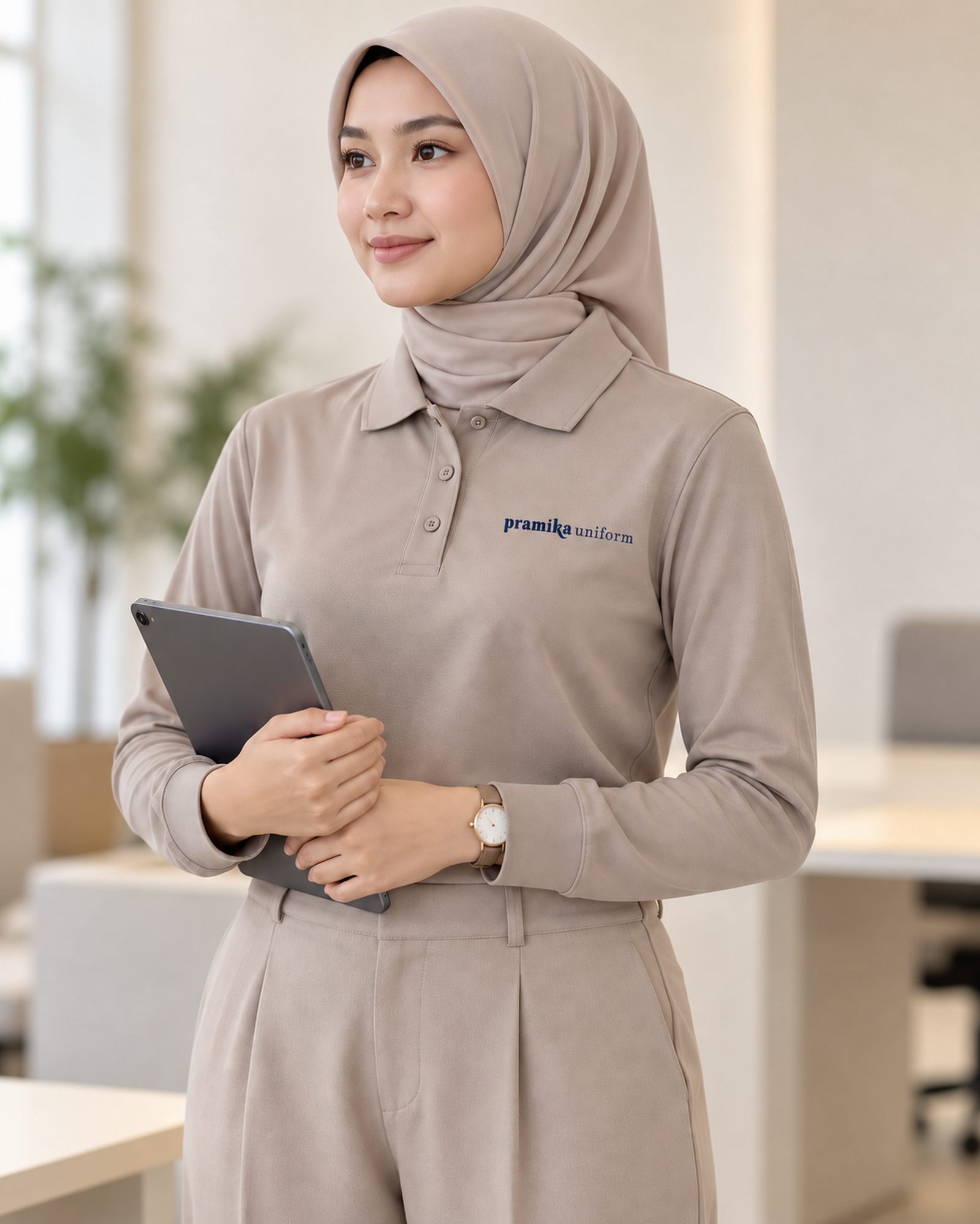 Polo ice silk lengan panjang dengan manset rapi dipakai karyawan berhijab
