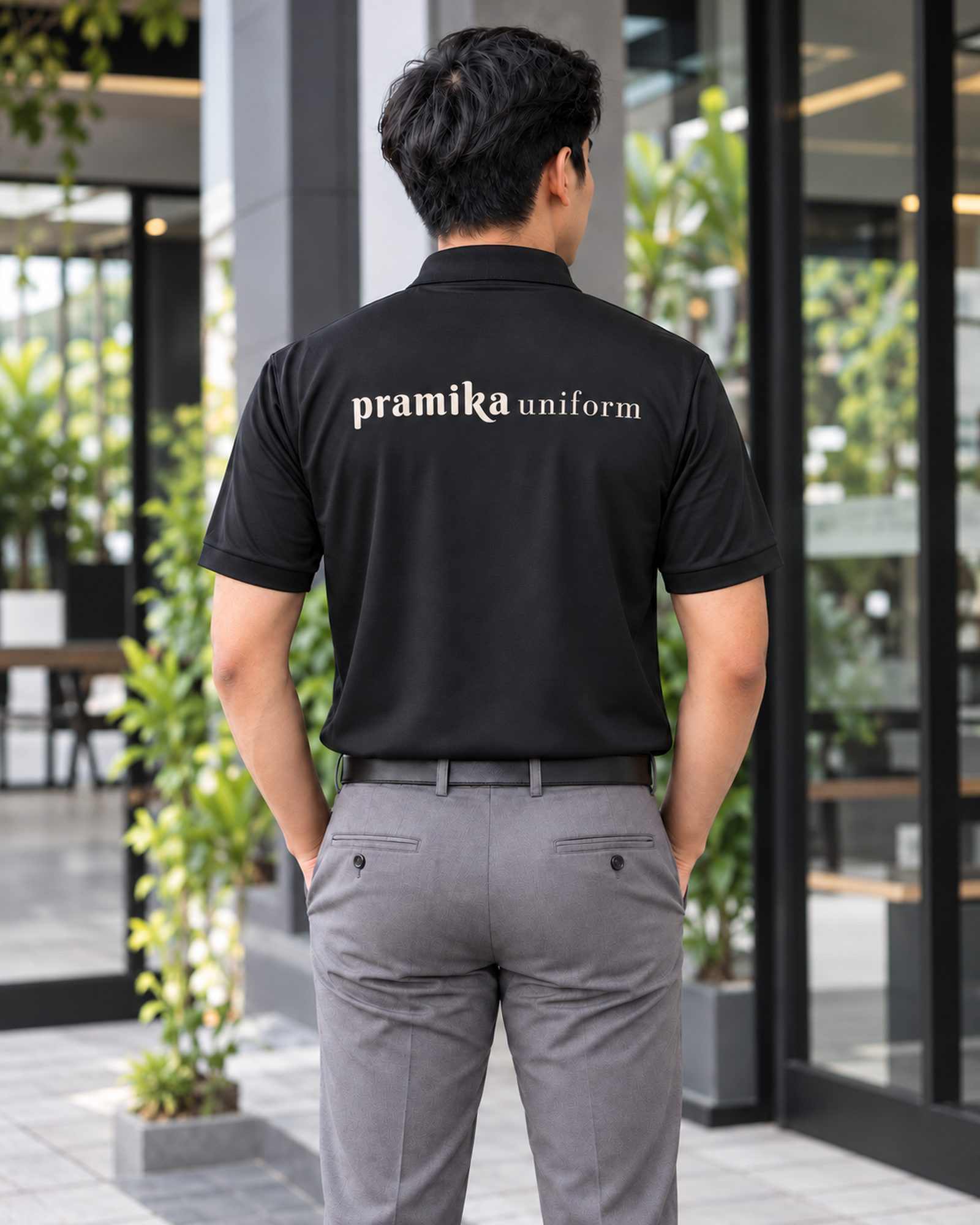 Aplikasi sablon DTF pada punggung polo ice silk