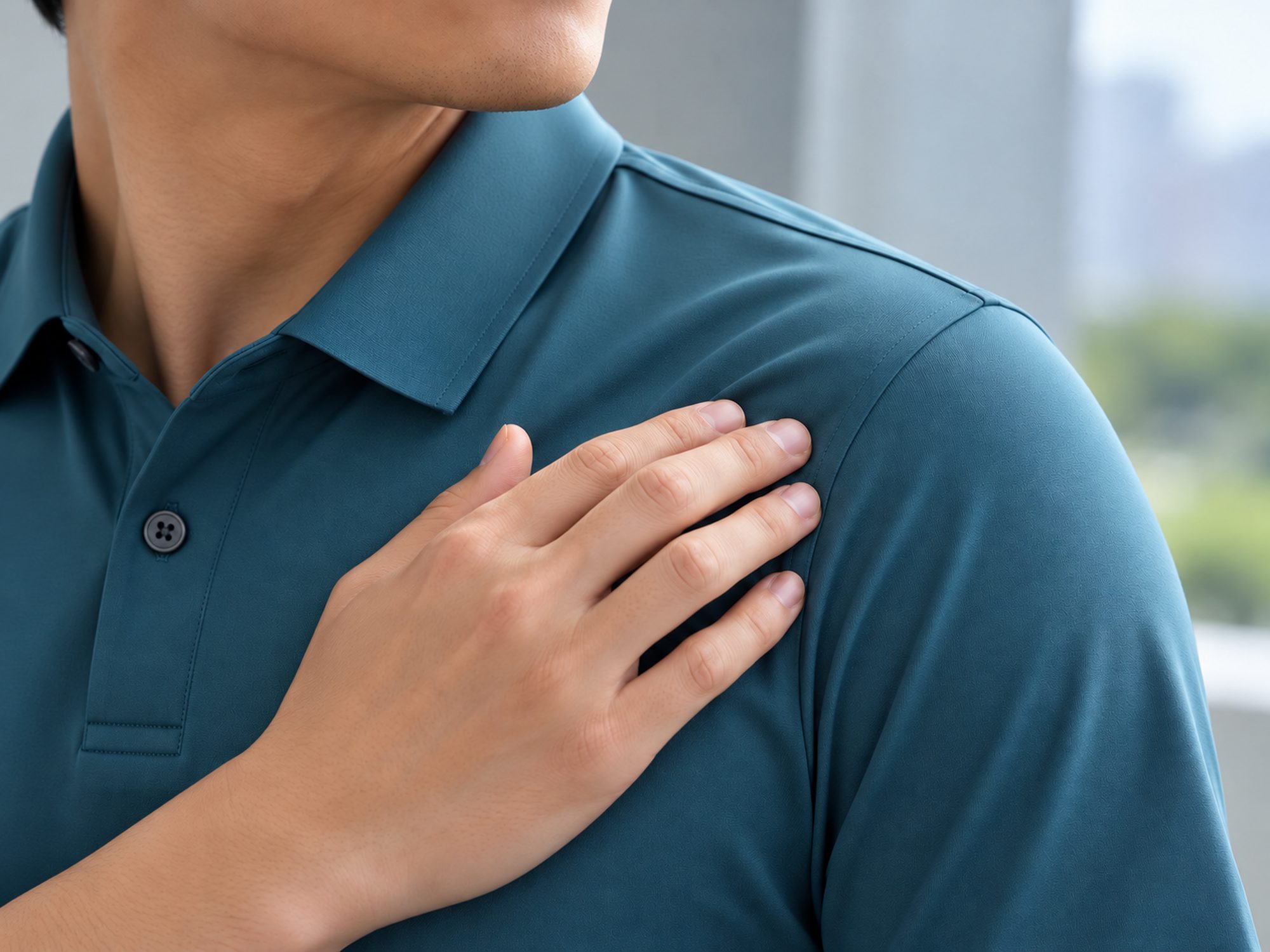 Telapak tangan menyentuh kain polo ice silk teal di bahu