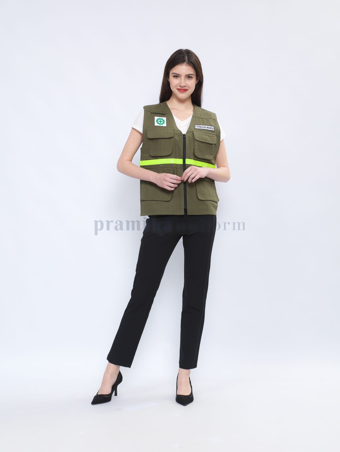 Rompi safety hijau army strip kuning
