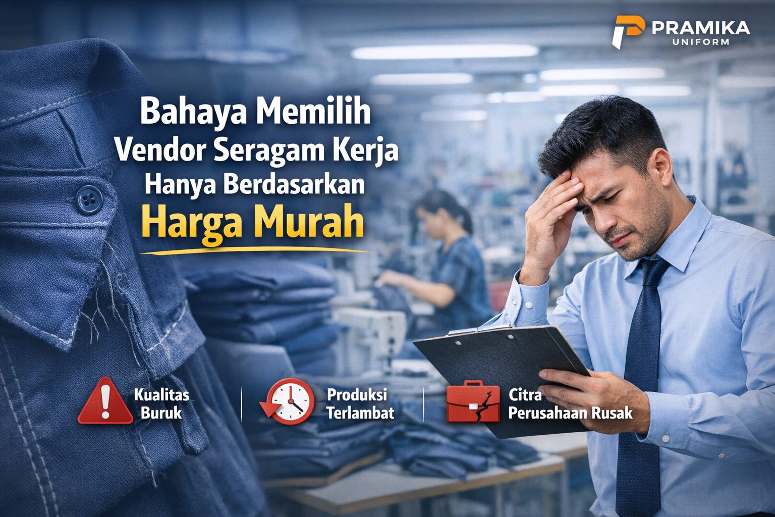 Banner artikel Pramika Uniform: Bahaya Memilih Vendor Seragam Kerja Hanya Berdasarkan Harga Murah