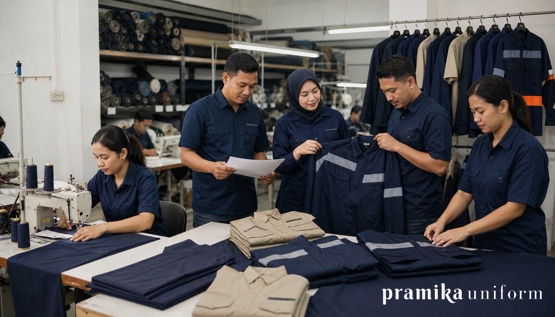 Tim Pramika memeriksa seragam kantor dan wearpack di workshop konveksi Jakarta