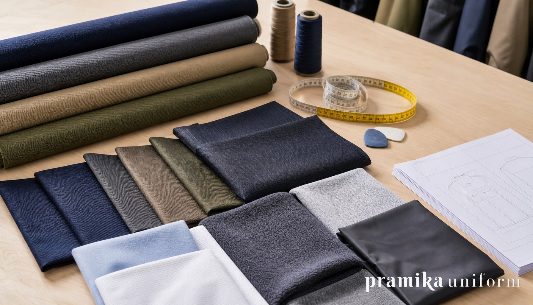 Flat-lay bahan seragam kerja warna navy, abu, khaki, dan olive di meja workshop
