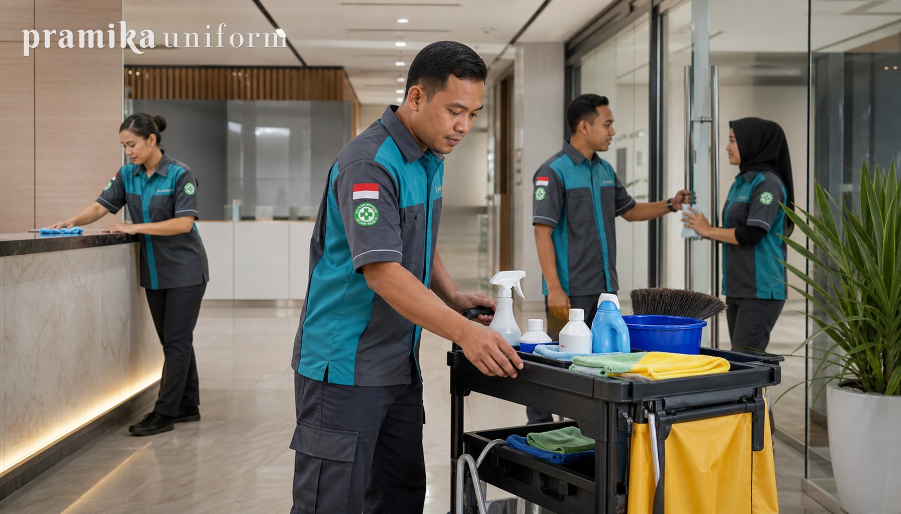 Tim petugas cleaning service Indonesia memakai seragam kerja teal dan abu-abu di gedung kantor modern